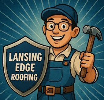 Cartoon roofer holding a hammer beside a shield logo reading “Lansing Edge Roofing”