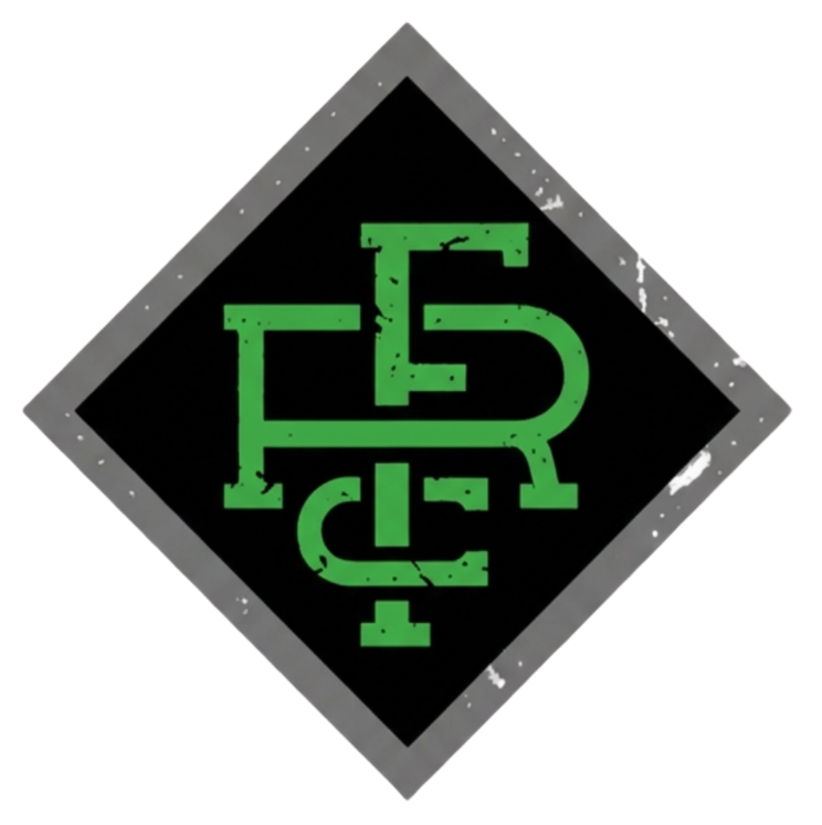 Green stylized monogram inside a black diamond with a gray border
