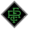 Green stylized monogram inside a black diamond with a gray border