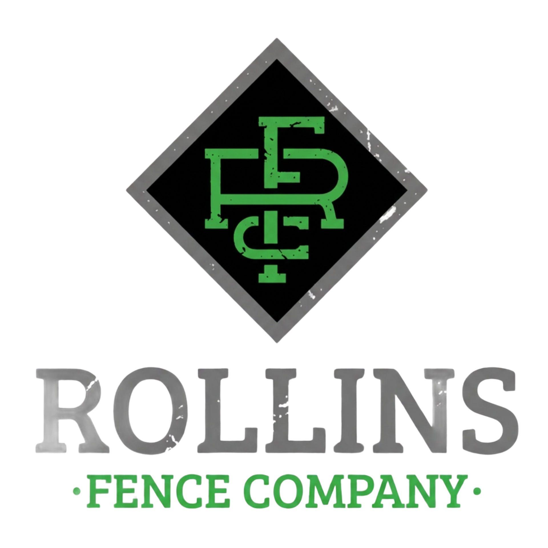 Rollins Fence Company logo with green monogram in a black diamond and gray text