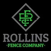 Rollins Fence Company logo with green monogram in a gray diamond on black background
