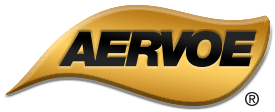Aervoe logo in black on a gold swoosh background