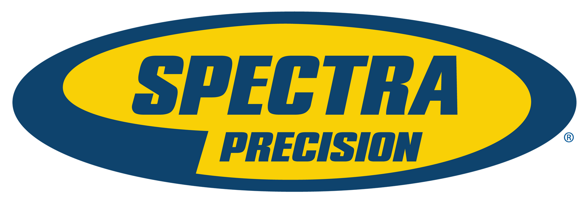 Spectra Precision logo in blue and yellow oval with bold lettering