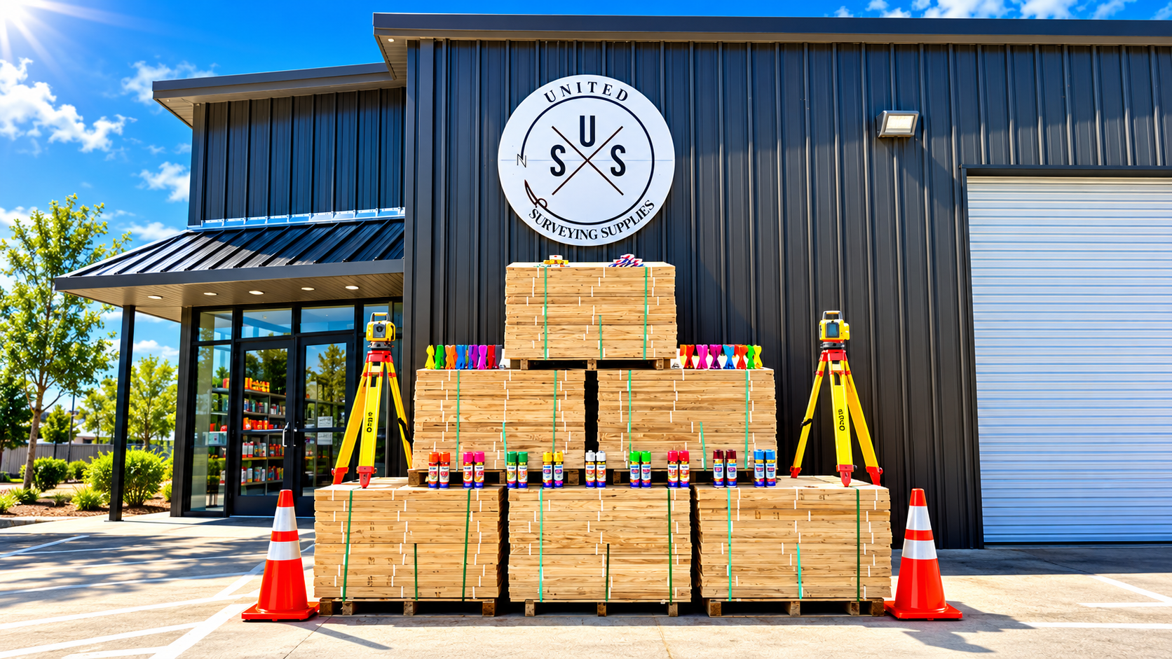 United Surveying Supplies storefront in Round Rock, Texas with survey lath, field supplies, tripods,