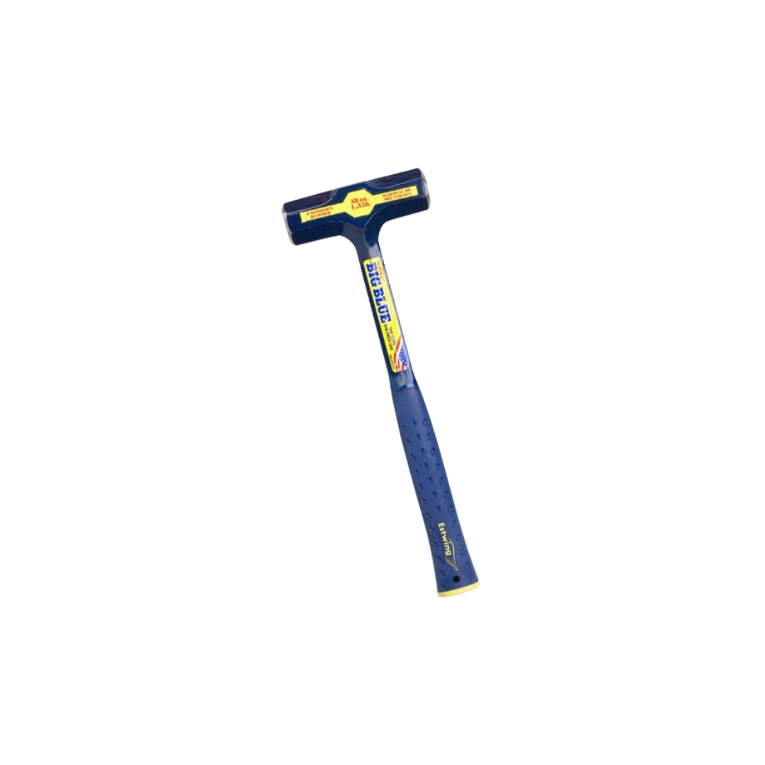 Blue and yellow rubber mallet with a T-shaped head on a white background
