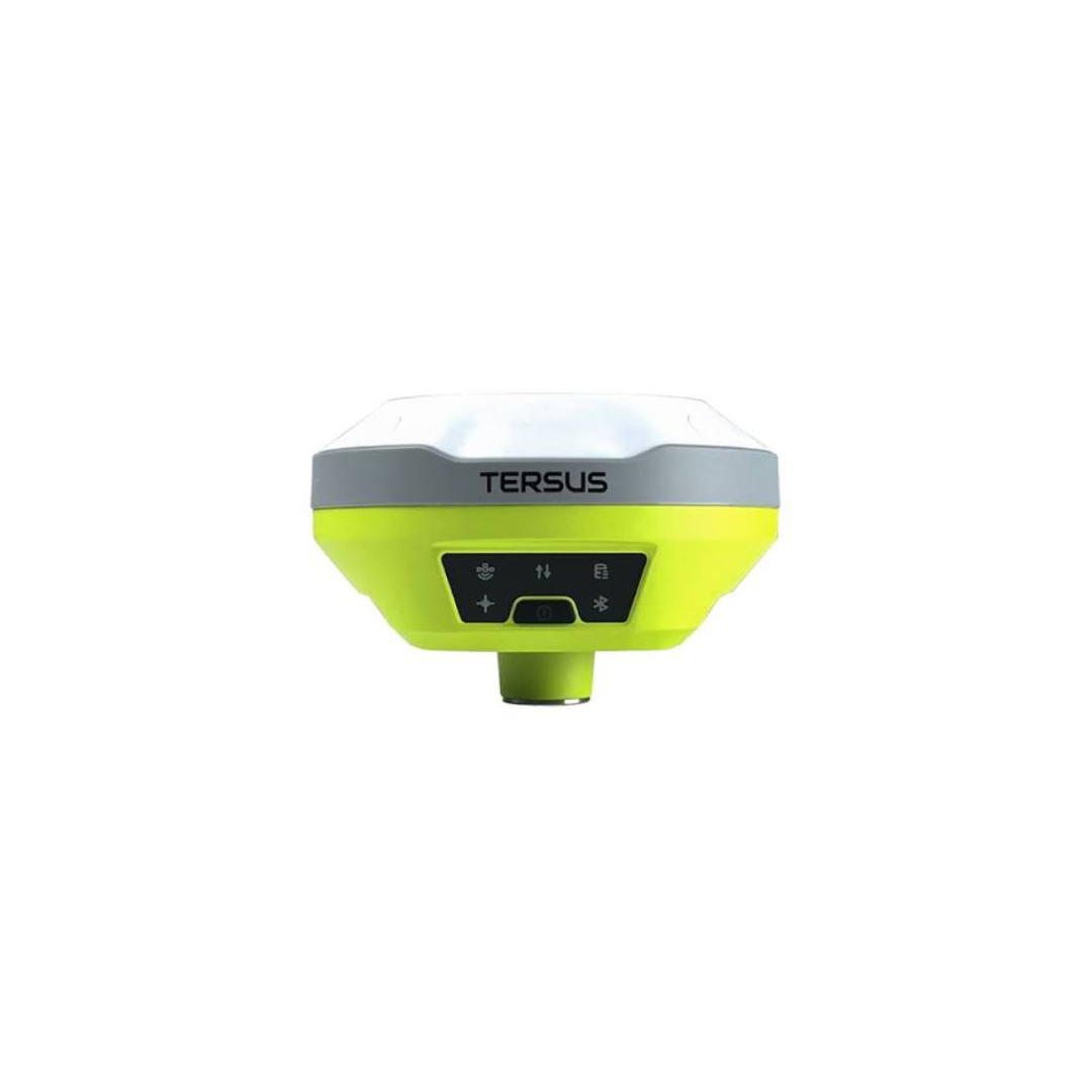 Neon yellow and gray TERSUS GNSS receiver on a white background