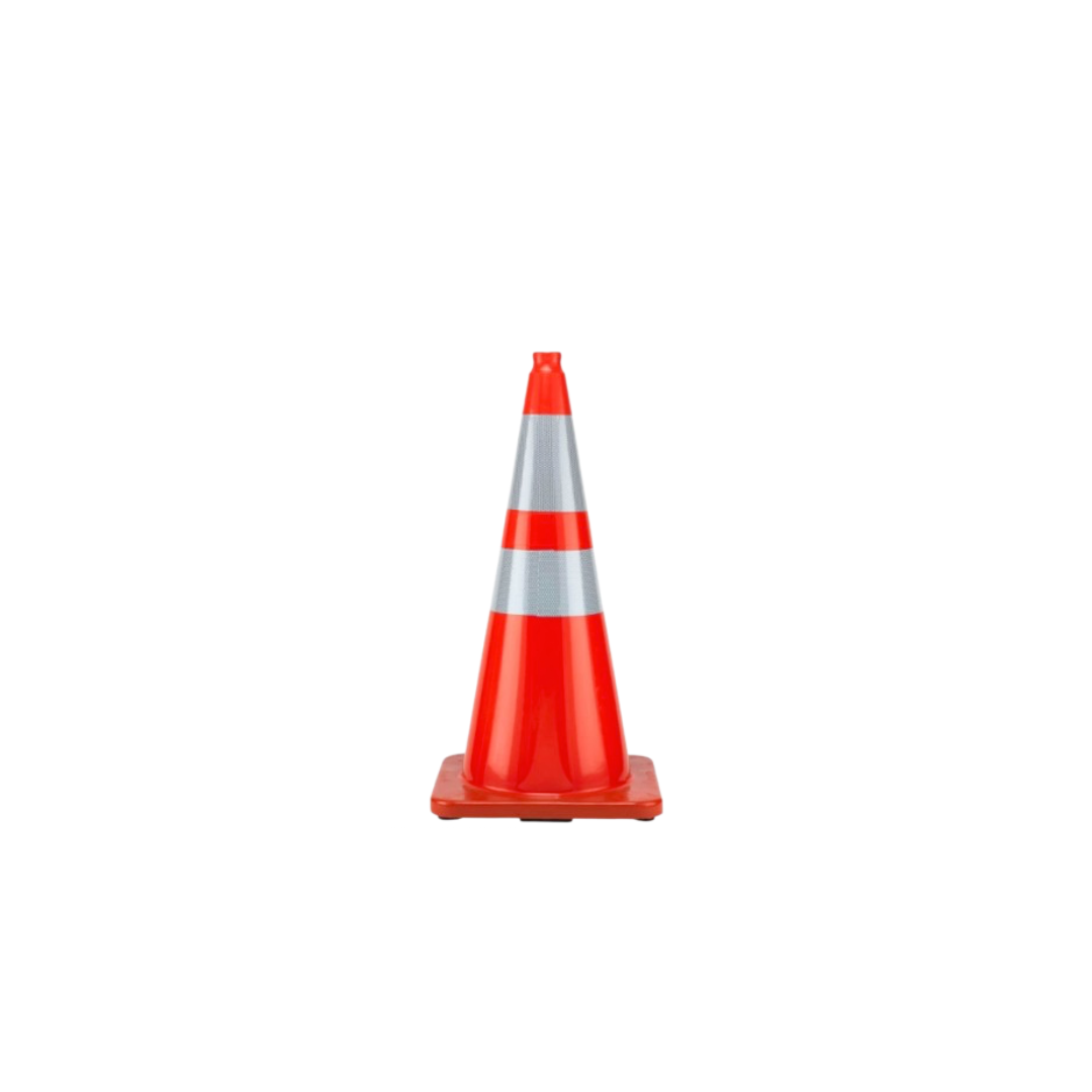 Red traffic cone with reflective white stripes on a white background