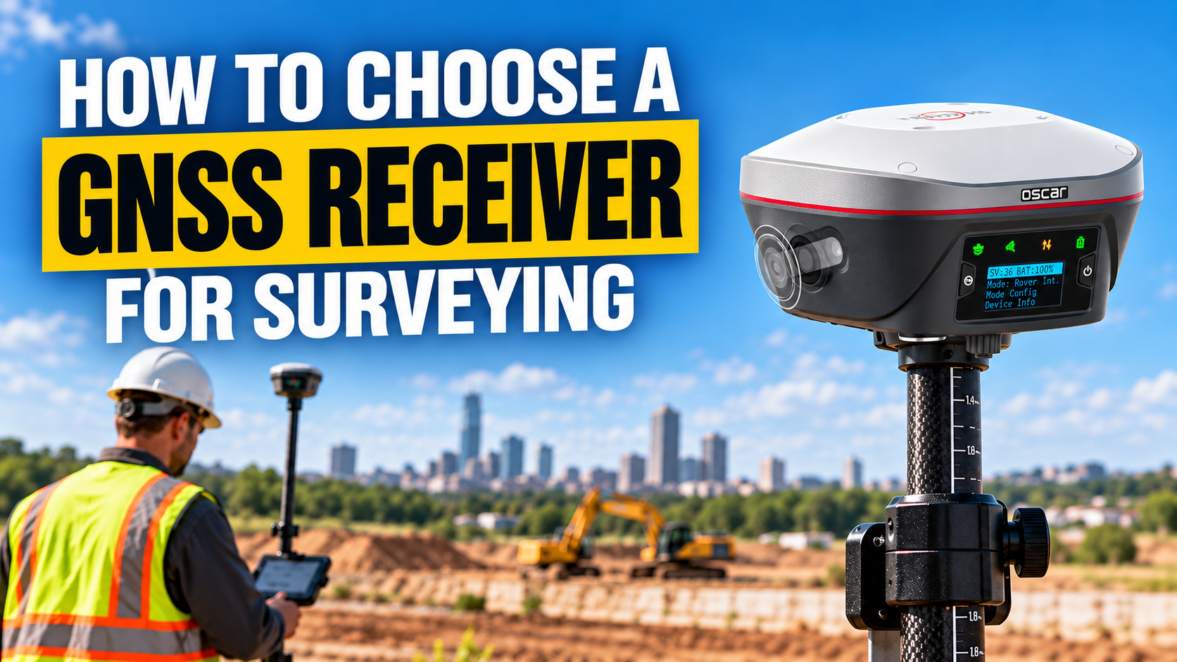 Surveyor using an Oscar Trek GNSS receiver on a Texas construction site.