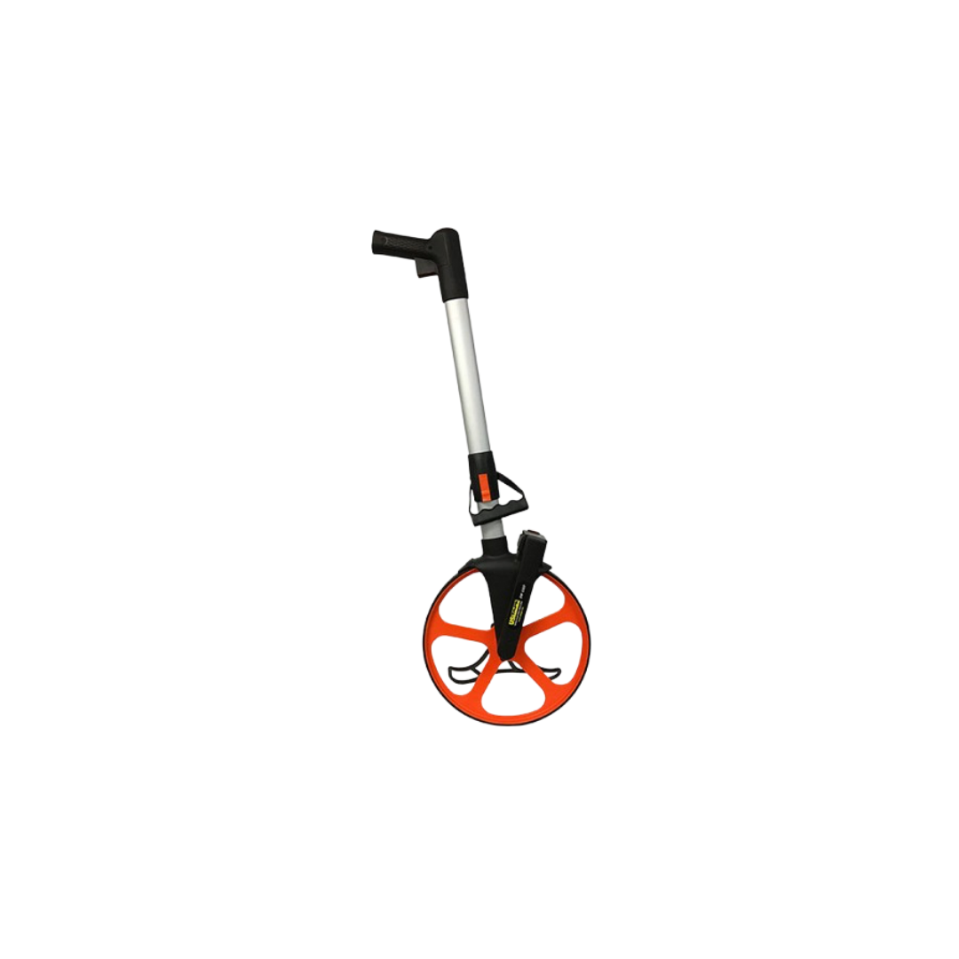 Orange measuring wheel with black handle on a white background