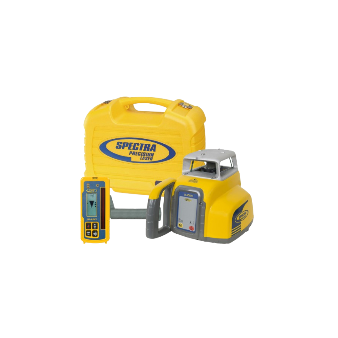Yellow construction laser level kit with case, receiver, and mounting accessory