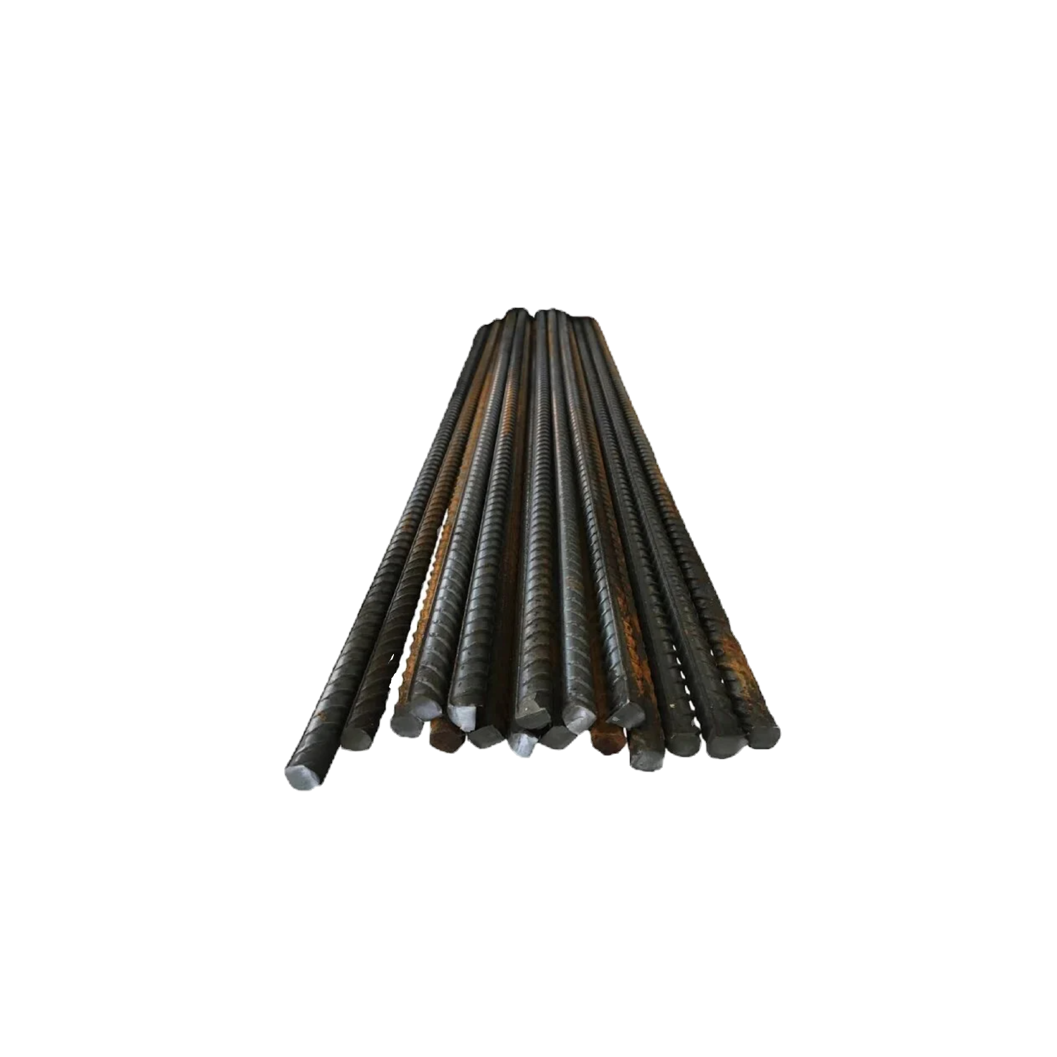 Bundle of black metal rebar rods with threaded ends on a white background