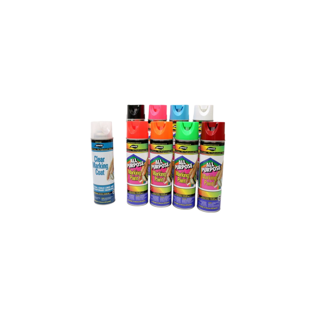 Assorted colorful spray paint cans arranged in two groups on a white background