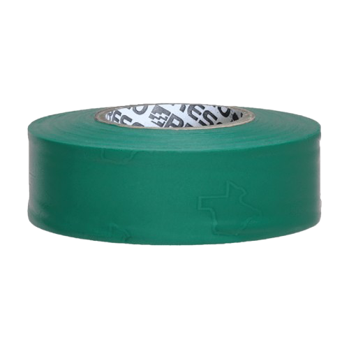 Green roll of adhesive tape with a partially visible printed inner core on a white background
