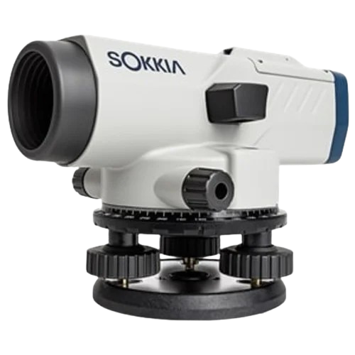 Sokkia automatic level instrument on tripod base, white and black survey tool