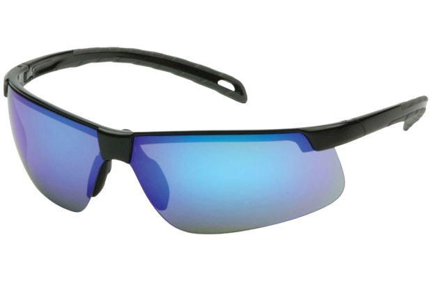 Black wraparound sunglasses with blue mirrored lenses