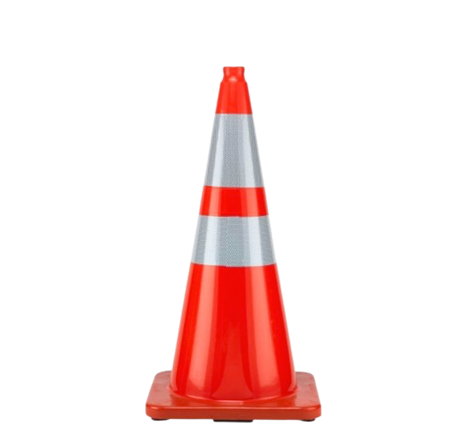 Orange traffic cone with white reflective stripes on a white background