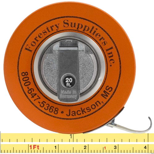 Orange retractable tape measure with black center, reading “Forestry Suppliers Inc.” and “20 ft.”