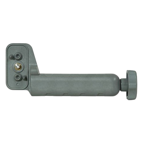 Gray metal latch handle with a cylindrical grip and mounting plate with screws