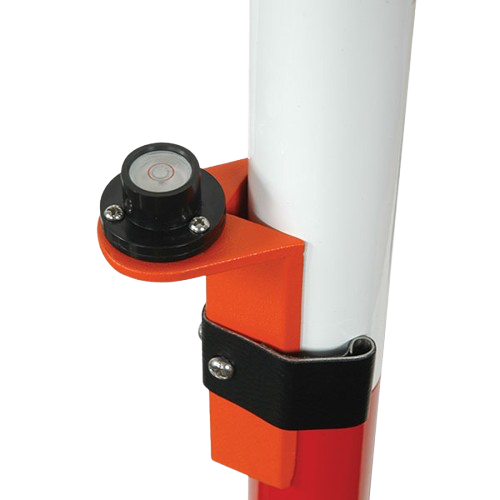 Orange clamp with black bracket and level attached to a white pole