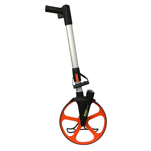 Orange and black wheel measuring tool with a silver handle on a white background