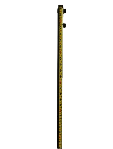 Yellow measuring rod with black markings and two side-mounted knobs on a white background