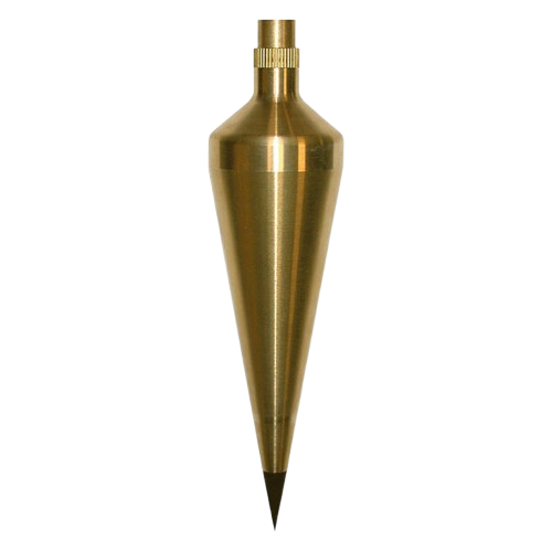 Gold plumb bob with a black pointed tip on a white background