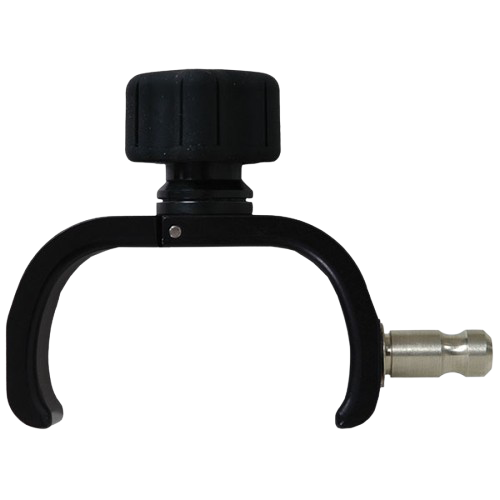 Black U-shaped device with a knob on top and metal connector on a white background