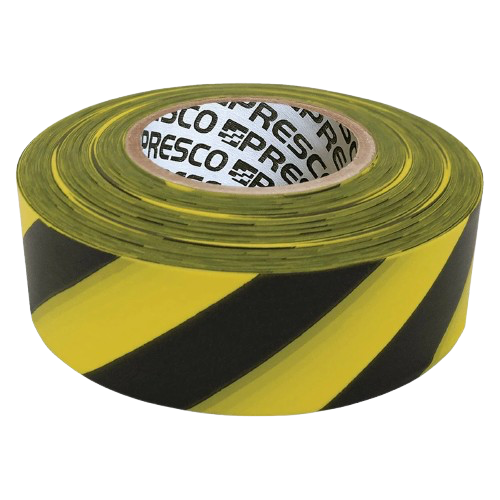 Roll of yellow-and-black hazard tape with black printed inner core