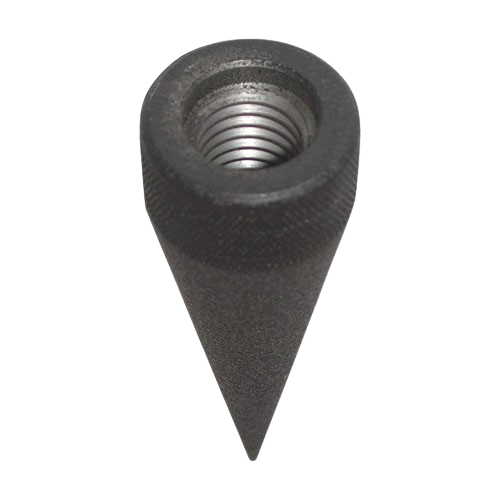 Black knurled conical metal insert with threaded hole at the top