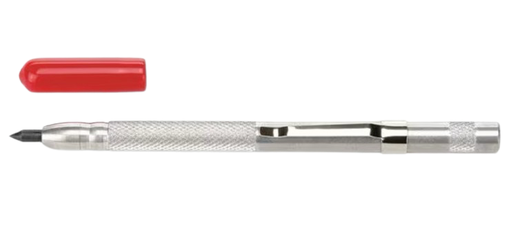 Silver pen tool with red cap, shown horizontally on a white background