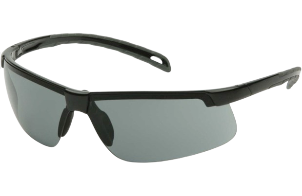 Black wraparound sunglasses with dark gray lenses on a white background