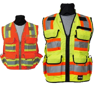 Two high-visibility safety vests, one orange and one yellow, with reflective stripes and black trim