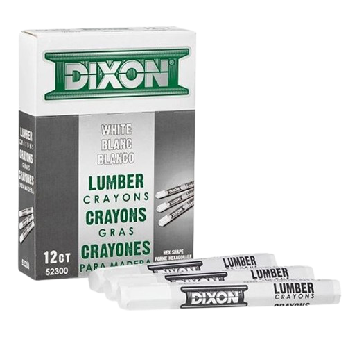 Dixon white lumber crayons in a green-and-gray box with three crayons beside it