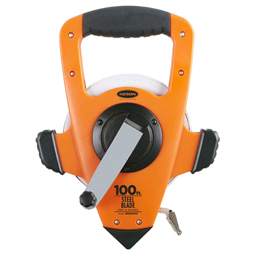 Orange retractable tape measure with black handle and gray blade, shown front view on white background