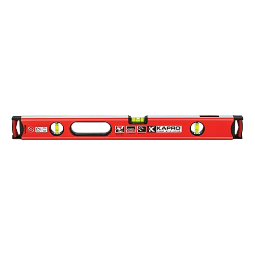 Red 30-inch level tool with two bubble vials and black end caps on a white background