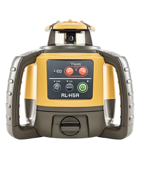 Yellow and black robotic laser level with front control panel and carry handle