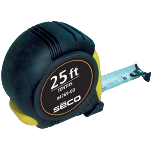 Black SECO 25 ft tape measure with blue measuring tape extended out to the right.