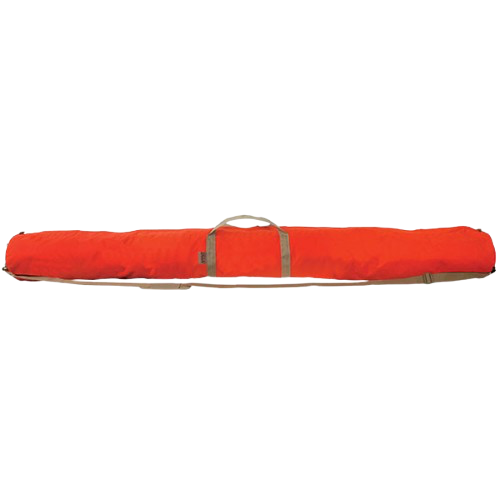 Red padded carrying case or rolled bag with a handle on a white background