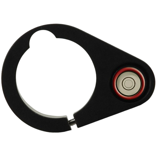 Black adjustable ring clamp with a circular bubble level on a white background