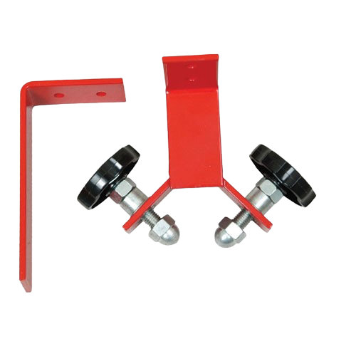 Red metal mounting brackets with black and silver wheel casters on a white background