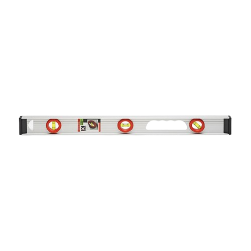 White spirit level with red circular vials and a central window on a silver body