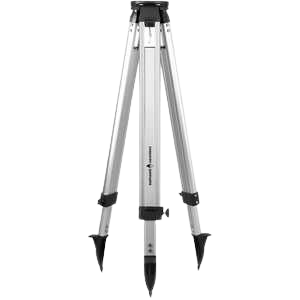 Silver camera tripod with black feet and center column, isolated on a white background