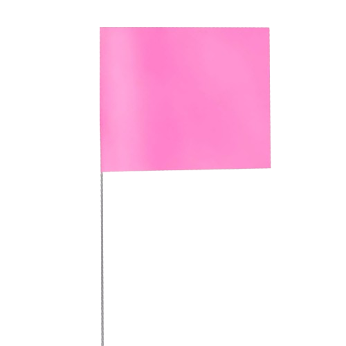 Pink flag on a thin pole against a plain white background