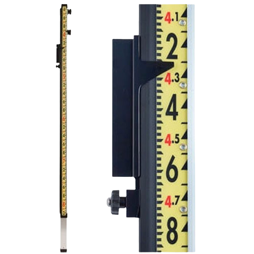 Yellow measuring rod with black markings and a close-up of its adjustable scale against a dark bracket.