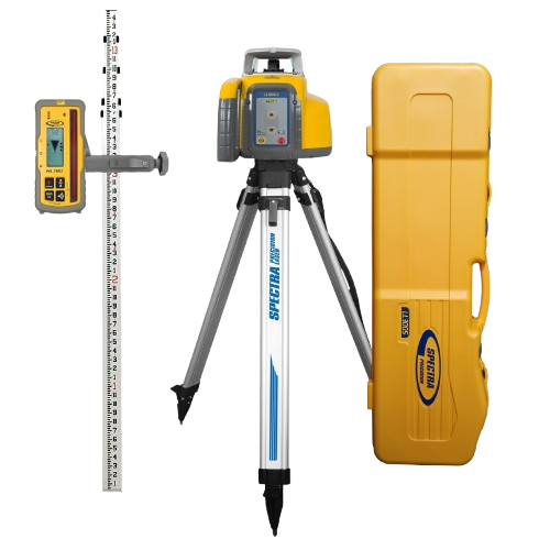 Yellow laser level kit with tripod, receiver, leveling rod, and carrying case