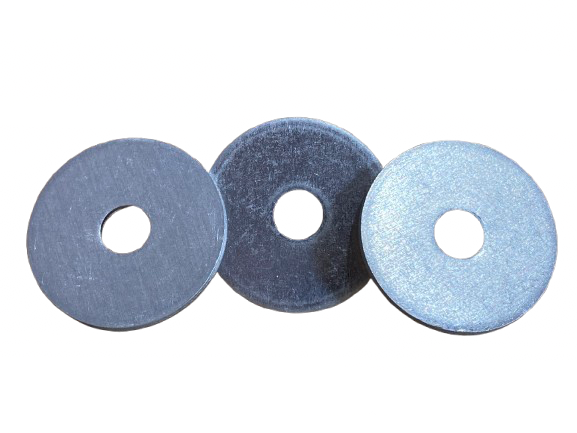 Three round abrasive polishing pads in dark gray, navy, and light blue with center holes
