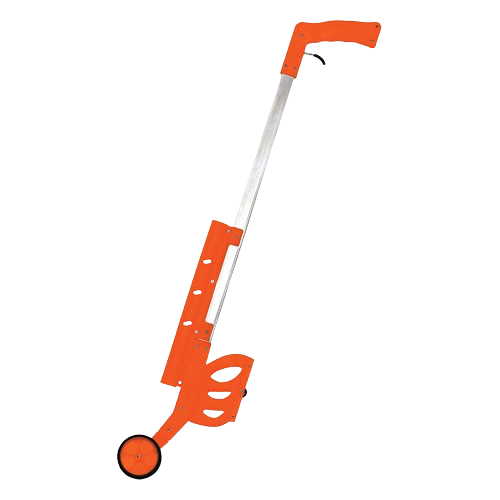 Orange and white folding hand truck with a single wheel and handle