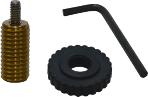 Hex key, knurled black knob, and brass threaded insert on white background