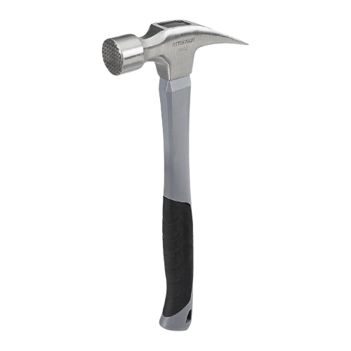 Silver claw hammer with a black and gray handle on a white background