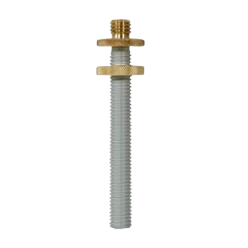 Threaded metal rod with two gold-colored nuts and washers on a white background